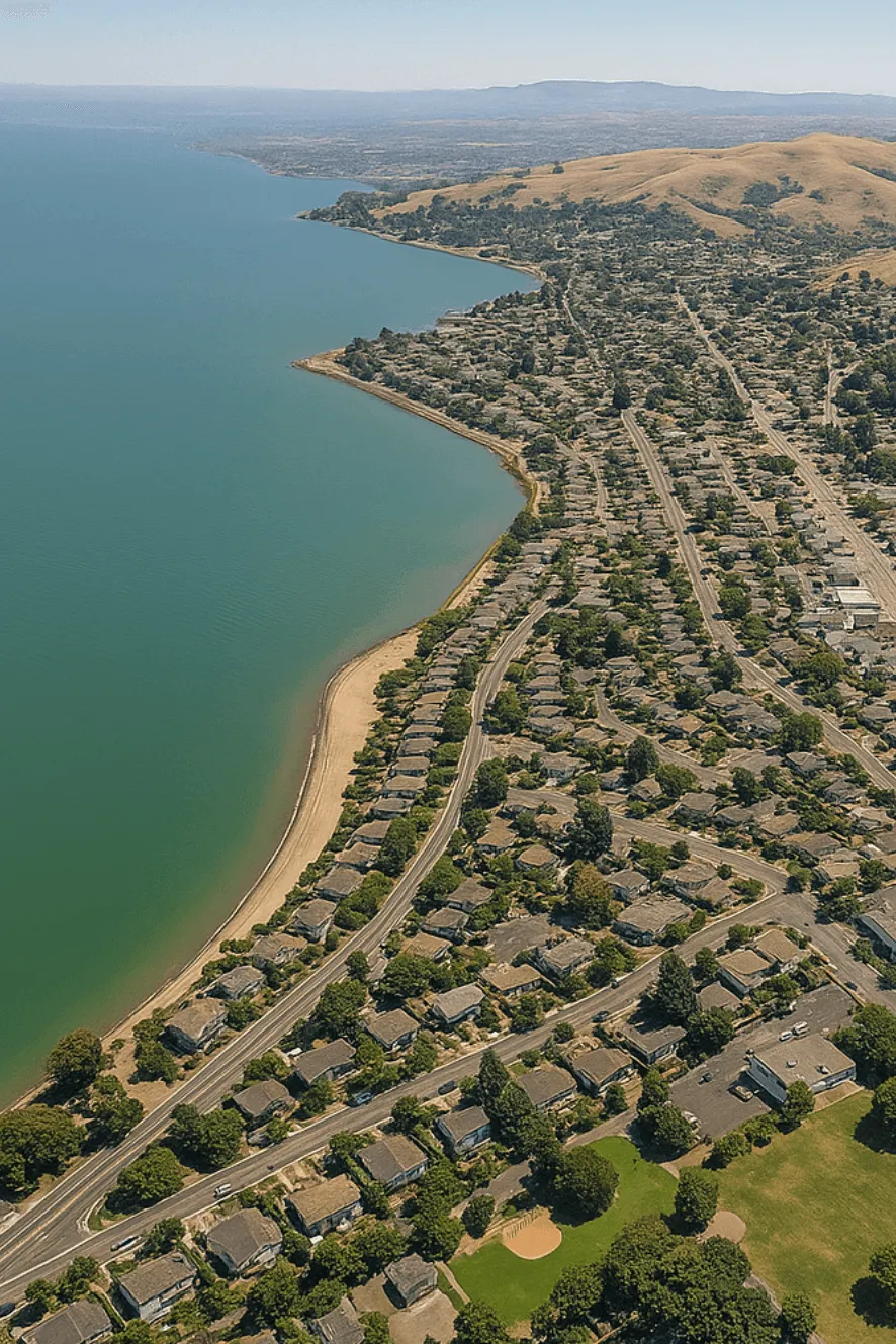 Aerial view of Pinole, California, on the San Francisco Bay shoreline